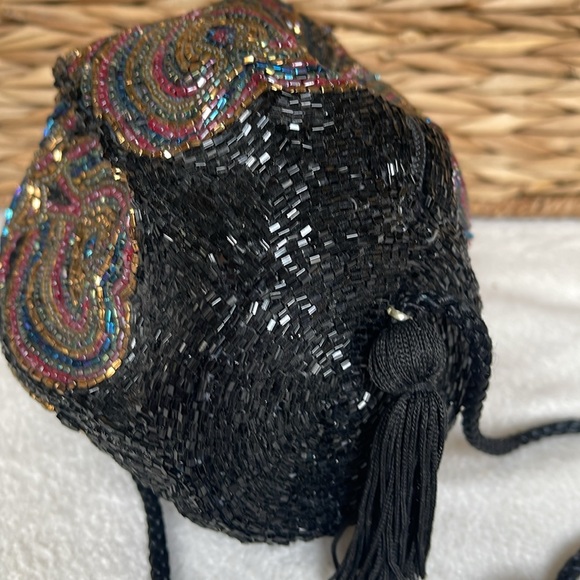 Glass Metallic STUNNING Multi Beaded Barrel Evening Bag Shoulder Black Tassel - Picture 5 of 7